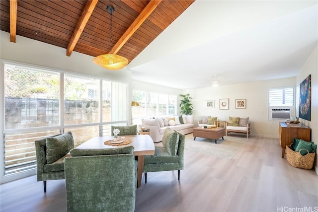 dining room featuring vaulted ceiling with beams, cooling unit, wood ceiling, and wood-type flooring