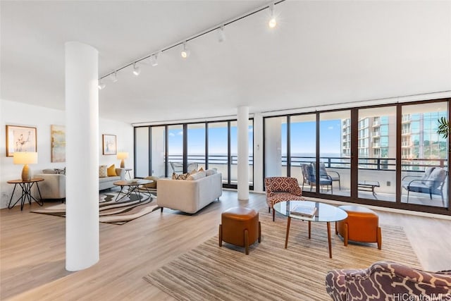 living room featuring light hardwood / wood-style flooring, floor to ceiling windows, and a water view