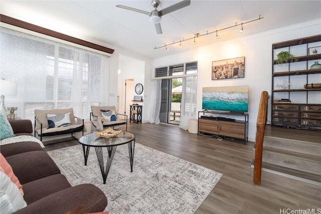 living room with ceiling fan, dark hardwood / wood-style floors, and rail lighting