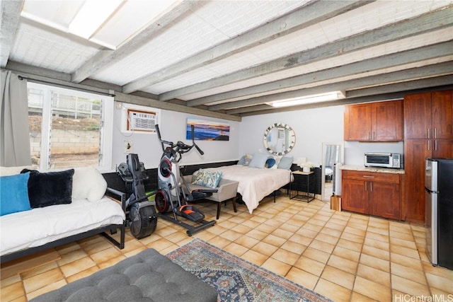 bedroom with a wall unit AC, stainless steel fridge, light tile patterned floors, and beam ceiling