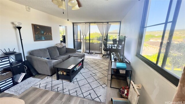 living room featuring wood-type flooring, ceiling fan, and a textured ceiling