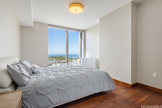 bedroom with dark hardwood / wood-style flooring and a wall of windows