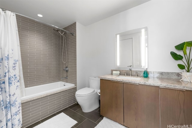 full bathroom with toilet, tile patterned floors, shower / bathtub combination with curtain, and vanity