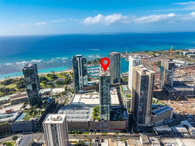 bird's eye view with a water view