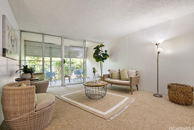 carpeted living room featuring a textured ceiling and a wall of windows