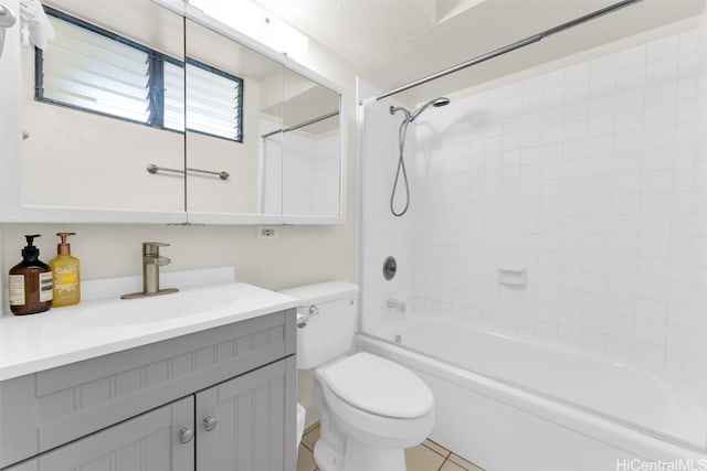 full bathroom with toilet, tub / shower combination, tile patterned floors, and vanity