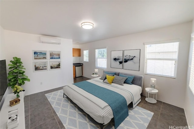 tiled bedroom with a wall mounted air conditioner