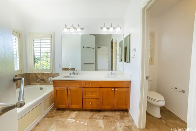 bathroom featuring vanity, toilet, and a tub to relax in