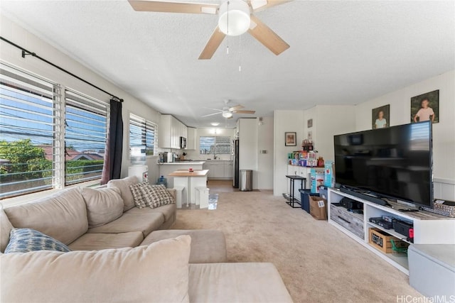 living room with light carpet and a textured ceiling