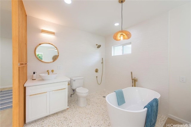 full bathroom with shower with separate bathtub, vanity, tile walls, and toilet