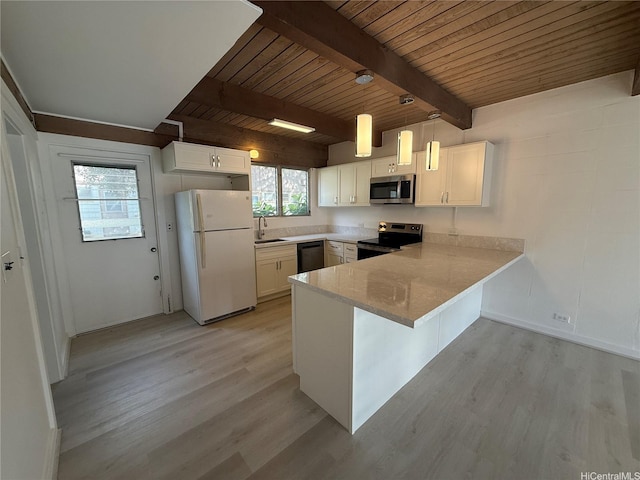 kitchen with light wood finished floors, wooden ceiling, baseboards, a peninsula, and appliances with stainless steel finishes