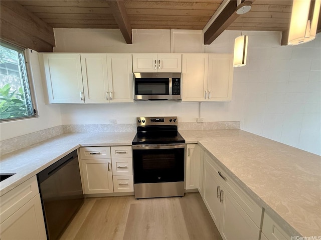 kitchen featuring wooden ceiling, appliances with stainless steel finishes, beamed ceiling, and light wood-type flooring