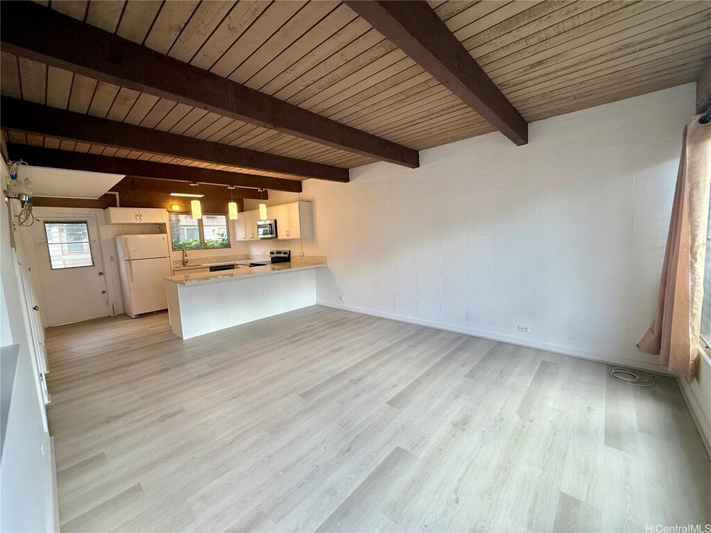 4912 Kilauea Ave Unit 3, Honolulu, HI 96816 - unfurnished living room featuring beamed ceiling, light wood-style flooring, and wooden ceiling