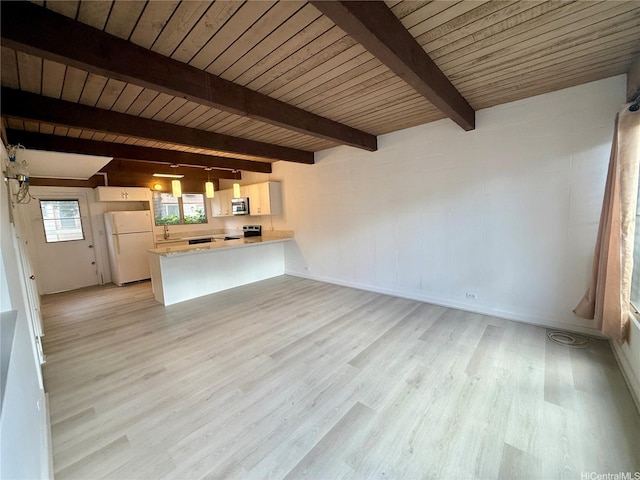 unfurnished living room featuring beamed ceiling, light wood-style flooring, and wooden ceiling