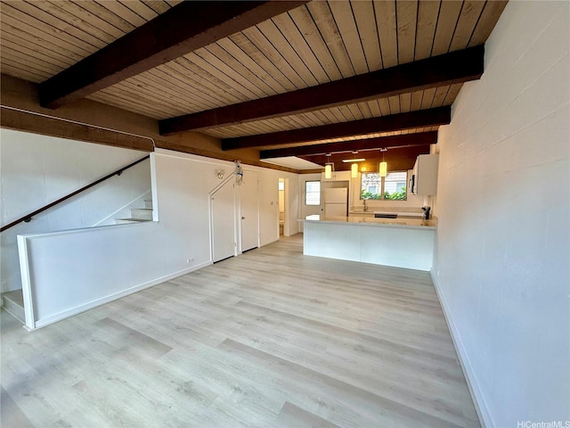 unfurnished living room featuring stairway, baseboards, light wood-style floors, and beamed ceiling