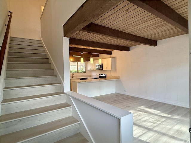 staircase with wood ceiling and beam ceiling
