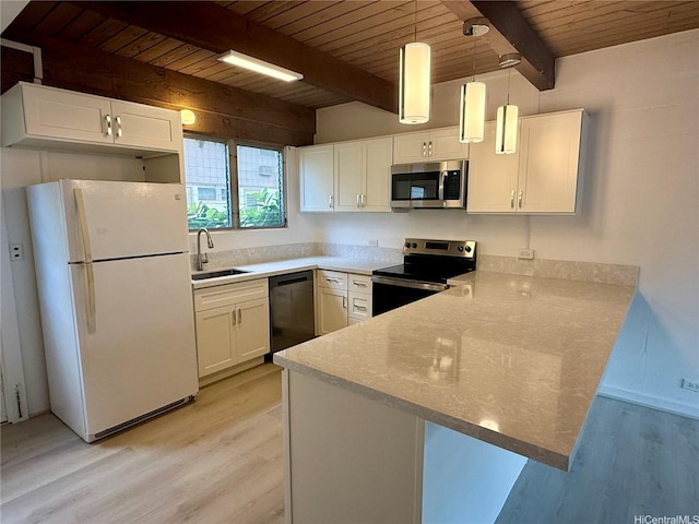 kitchen with a sink, stainless steel appliances, light wood finished floors, wooden ceiling, and a peninsula