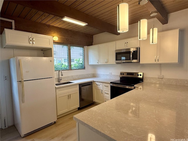 kitchen with beam ceiling, wooden ceiling, stainless steel appliances, and a sink