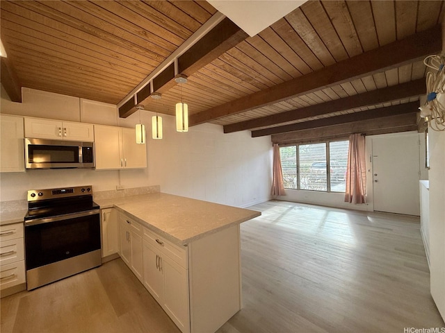 kitchen featuring a peninsula, wooden ceiling, beam ceiling, and appliances with stainless steel finishes