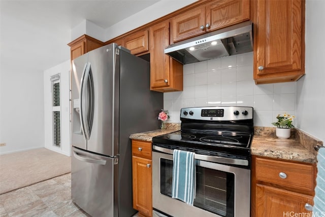 kitchen featuring tasteful backsplash, appliances with stainless steel finishes, ventilation hood, and brown cabinetry