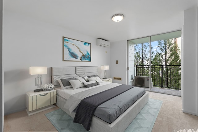 bedroom with a wall mounted air conditioner, expansive windows, light carpet, and access to outside