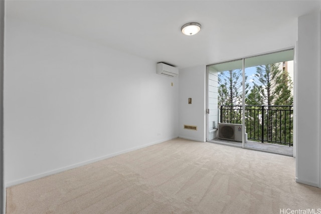 empty room featuring a wall of windows, baseboards, carpet floors, and an AC wall unit