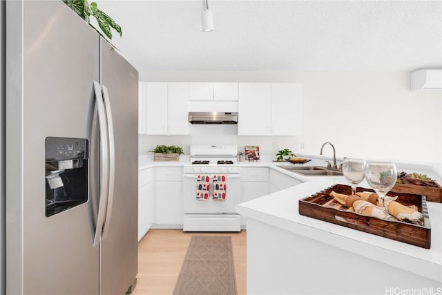 kitchen featuring white cabinetry, sink, stainless steel fridge with ice dispenser, white range oven, and extractor fan