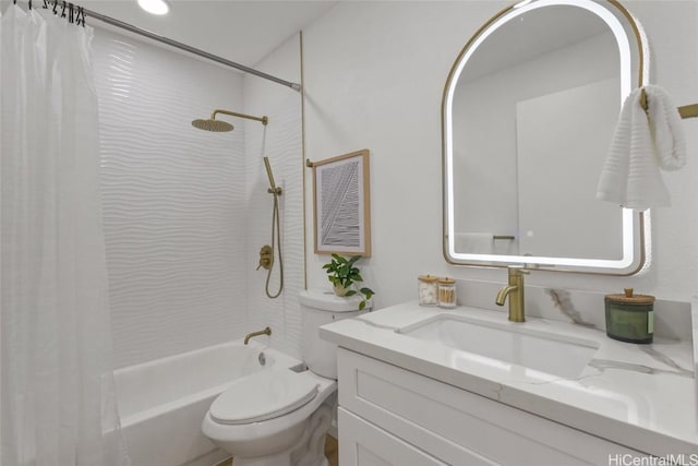 full bathroom with shower / tub combo, vanity, and toilet