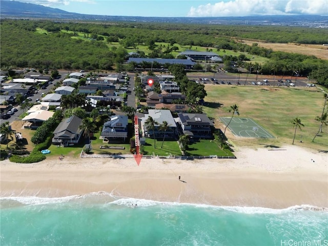 aerial view featuring a beach view and a water view