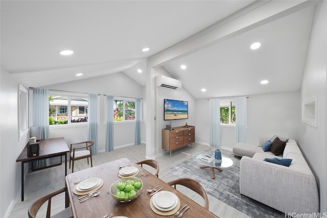 living room featuring vaulted ceiling with beams, light hardwood / wood-style floors, and a wall mounted AC