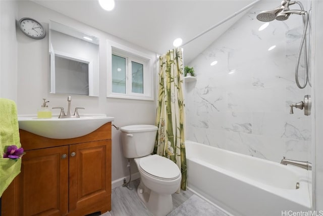 full bathroom with shower / bath combo with shower curtain, vanity, wood-type flooring, and toilet