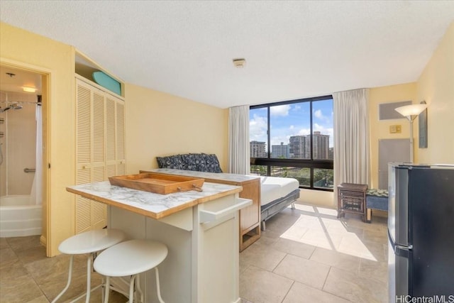 bedroom featuring expansive windows, light tile patterned floors, a textured ceiling, stainless steel refrigerator, and a closet