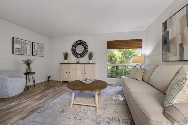 living room with hardwood / wood-style floors and a textured ceiling