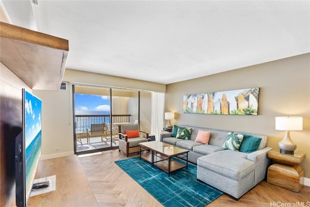 living room with parquet floors