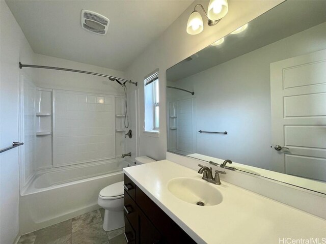 full bathroom featuring vanity, shower / bath combination, and toilet