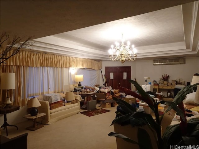 interior space featuring a raised ceiling, an AC wall unit, carpet, and a notable chandelier