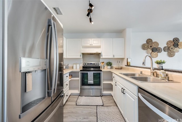 kitchen with rail lighting, sink, appliances with stainless steel finishes, light hardwood / wood-style floors, and white cabinets