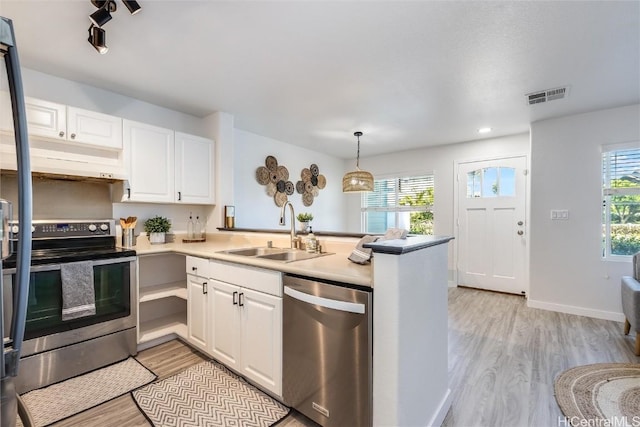 kitchen with stainless steel appliances, white cabinetry, sink, and kitchen peninsula