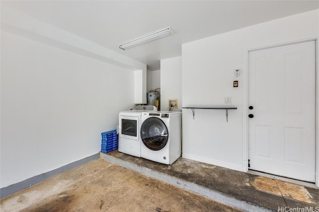 laundry room with water heater and washer and dryer