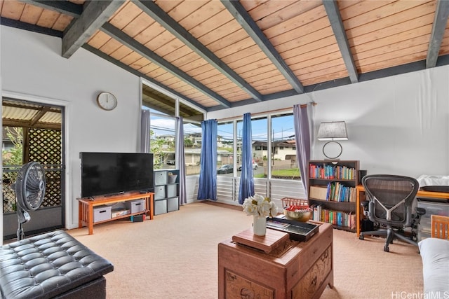 carpeted living room featuring high vaulted ceiling, wood ceiling, and beam ceiling