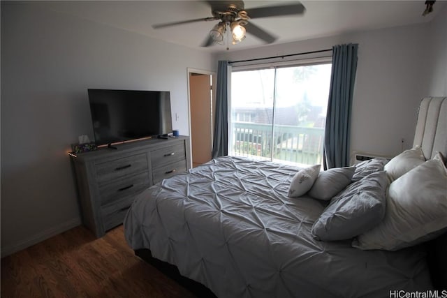 bedroom featuring dark hardwood / wood-style floors and ceiling fan