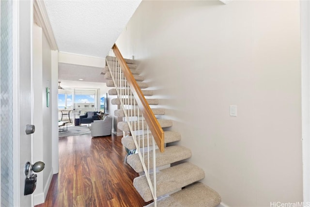 staircase featuring wood-type flooring and a textured ceiling