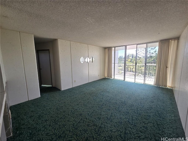 carpeted empty room with a textured ceiling and expansive windows