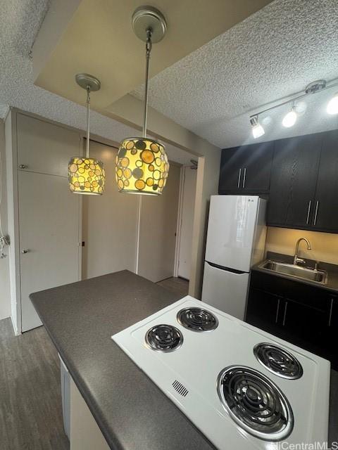 kitchen with sink, decorative light fixtures, a textured ceiling, dark hardwood / wood-style flooring, and white fridge