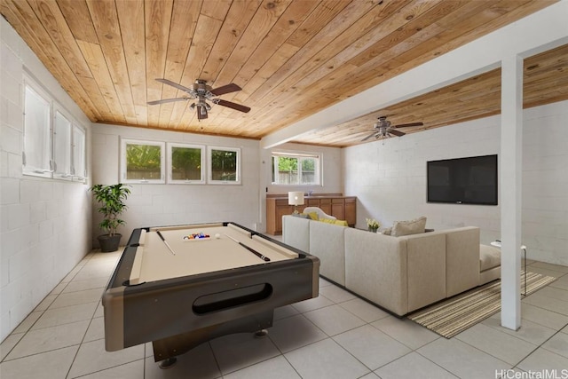 playroom with wooden ceiling, billiards, ceiling fan, and light tile patterned floors