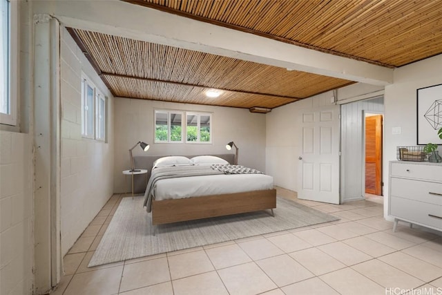 tiled bedroom with wooden ceiling