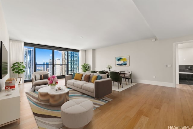 living room featuring floor to ceiling windows and light hardwood / wood-style floors