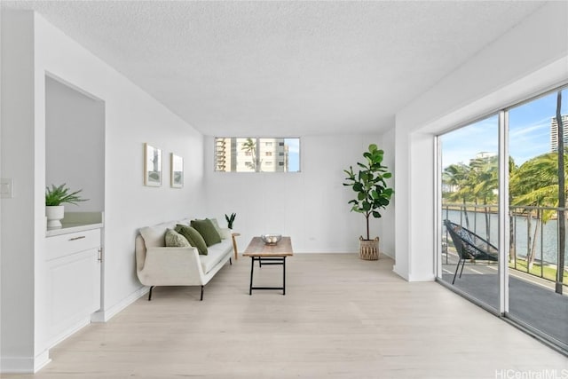 living room featuring a wealth of natural light, a water view, a textured ceiling, and light wood-type flooring