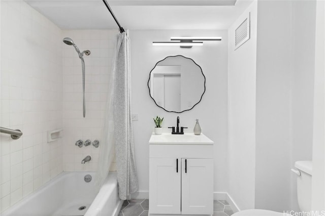 full bathroom with tile patterned floors, vanity, shower / bathtub combination with curtain, and toilet