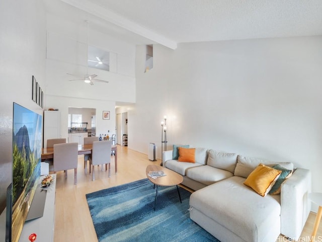 living room featuring beam ceiling, ceiling fan, high vaulted ceiling, a textured ceiling, and hardwood / wood-style flooring